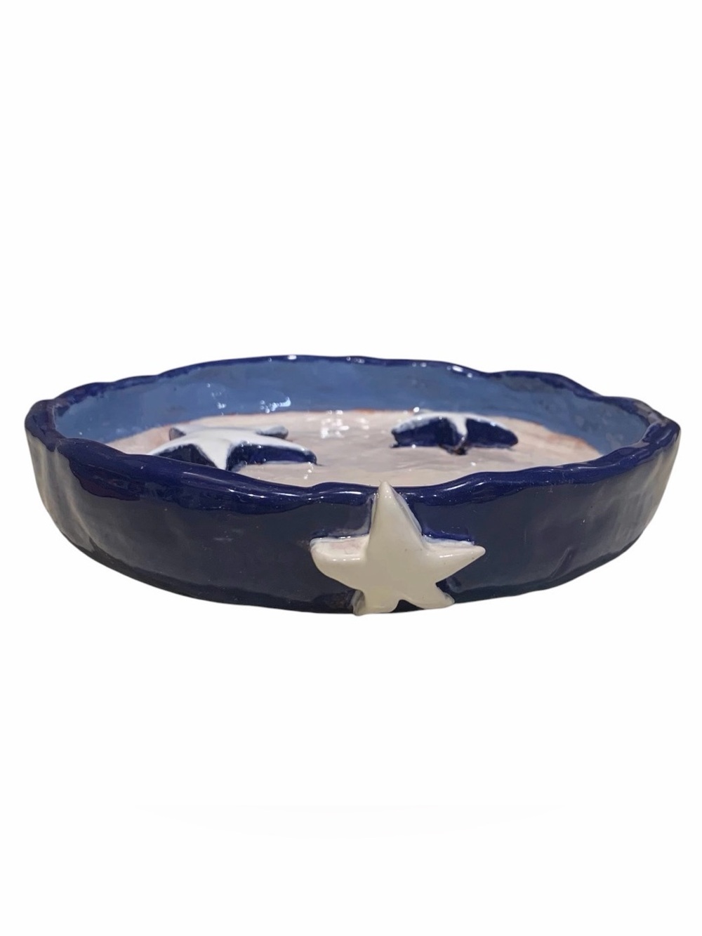 Handmade Ceramic Trinket Candy Dish Blue Glaze White 3D Stars